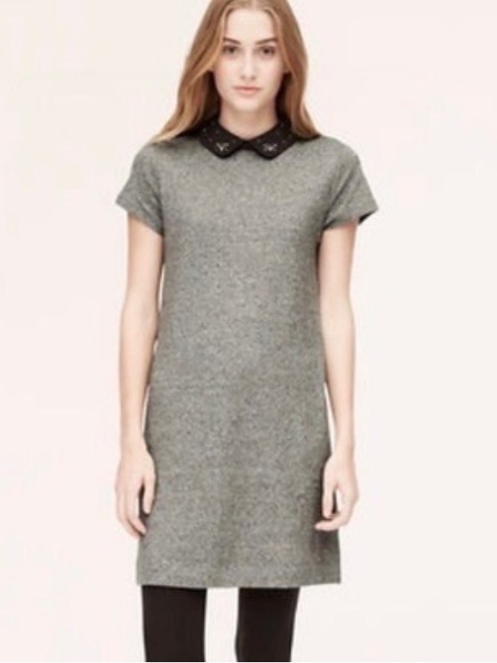 LOFT Medium Gray Shift Dress Rhinestone Bee Embellished Collar 100% Cotton